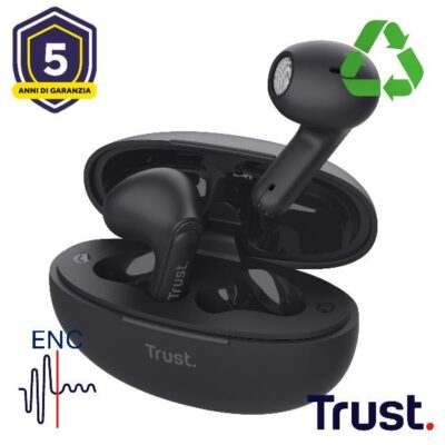 AURICOLARI BLUETOOTH EARPHONES CON RIDUZIONE DEL RUMORE ENC – PLASTICA RICICLATA 85% – TRUST YAVI NERO