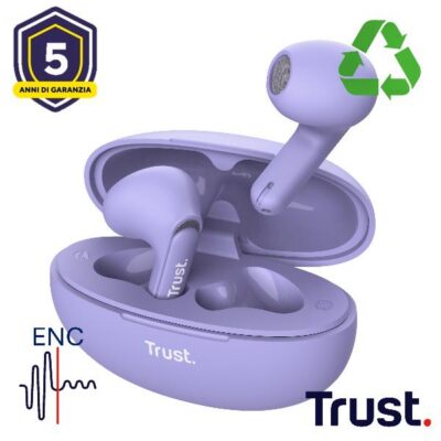 AURICOLARI BLUETOOTH EARPHONES CON RIDUZIONE DEL RUMORE ENC – PLASTICA RICICLATA 35% – TRUST YAVI VIOLA