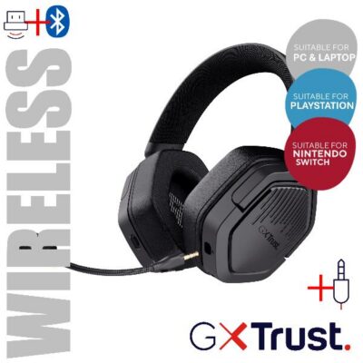 CUFFIA GAMING WIRELESS RICARICABILE CON DOPPIA CONNESSIONE BT + 2,4GHz OVER-EAR, DRIVER 50MM – TRUST GXT493 CARUS – NERO