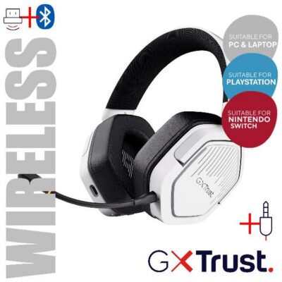 CUFFIA GAMING WIRELESS RICARICABILE CON DOPPIA CONNESSIONE BT + 2,4GHz OVER-EAR, DRIVER 50MM – TRUST GXT493W CARUS – BIANCO
