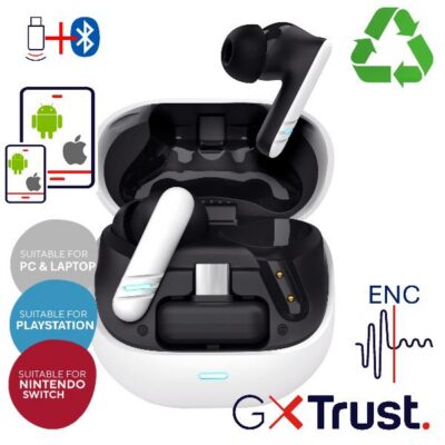 AURICOLARI GAMING WIRELESS RICARICABILE CON DOPPIA CONNESSIONE BT + 2,4GHz (DONGLE USB-C) – TRUST GXT409 OXXIE – BIANCO/NERO