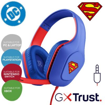 CUFFIE GAMING CABLATE JACK 3,5MM MULTIPIATTAFORMA, SUPERMAN LICENZIATE DC, DRIVER 50MM – TRUST GXT415SM ZIROX – BLU