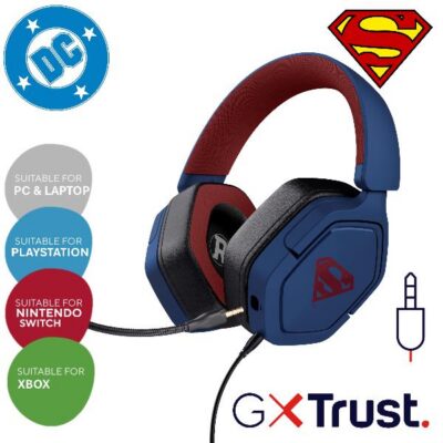 CUFFIE GAMING CABLATE JACK 3,5MM LICENZIATE SUPERMAN – MULTIPIATTAFORMA OVER-EAR, DRIVER 50MM – TRUST GXT492SM CARUS – BLU E ROSSO