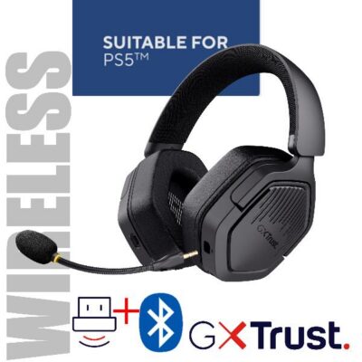 CUFFIA GAMING WIRELESS RICARICABILE PLAYSTATION® COMPATIBILE, CON DOPPIA CONNESSIONE BT + 2,4GHz OVER-EAR, DRIVER 50MM – TRUST GXT 493PS CARUS – NERO