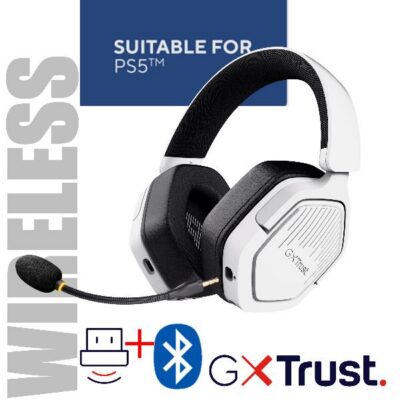 CUFFIA GAMING WIRELESS RICARICABILE PLAYSTATION® COMPATIBILE, CON DOPPIA CONNESSIONE BT + 2,4GHz OVER-EAR, DRIVER 50MM – TRUST GXT 493PS CARUS – BIANCO