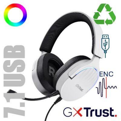 CUFFIE GAMING RGB CABLATE USB 7.1, MICROFONO STACCABILE CON RIDUZIONE DEL RUMORE, DRIVER 50MM – PLASTICA RICICLATA 35% – TRUST GXT490W FAYZO BIANCO