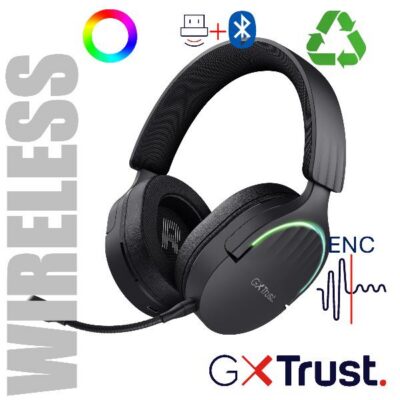 CUFFIE GAMING RGB WIRELESS RICARICABILI DOPPIA CONNESSIONE 2,4GH + BT, MICROFONO STACCABILE CON RIDUZIONE DEL RUMORE, DRIVER 50MM – PLASTICA RICICLATA 85% – TRUST GXT491 FAYZO NERO