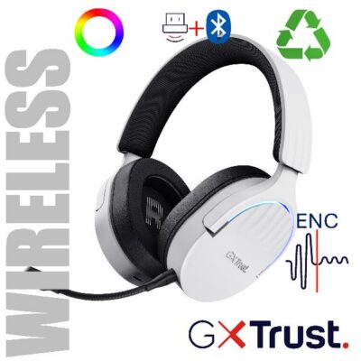 CUFFIE GAMING RGB WIRELESS RICARICABILI DOPPIA CONNESSIONE 2,4GH + BT, MICROFONO STACCABILE CON RIDUZIONE DEL RUMORE, DRIVER 50MM – PLASTICA RICICLATA 35% – TRUST GXT491W FAYZO BIA