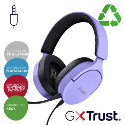 CUFFIE GAMING CABLATE JACK 3,5MM MULTIPIATTAFORMA, OVER-EAR, DRIVER 50MM – PLASTICA RICICLATA 35% – TRUST GXT489P FAYZO VIOLA