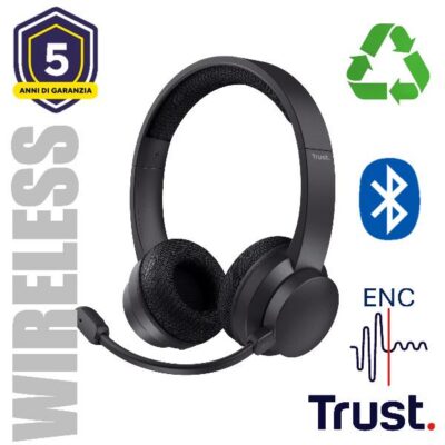 CUFFIE ON-EAR WIRELESS BLUETOOTH RICARICABILI CON MICROFONO FLIP TO MUTE E RIDUZIONE RUMORE ENC – 65% PLASTICA RICICLATA – TRUST AYDA ENC WIRELESS – NERO