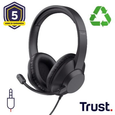 CUFFIE OVER-EAR CABLATE 1,8M JACK 3,5M CON MICROFONO FLIP TO MUTE – 85% PLASTICA RICICLATA – TRUST AYDA MAX – NERO