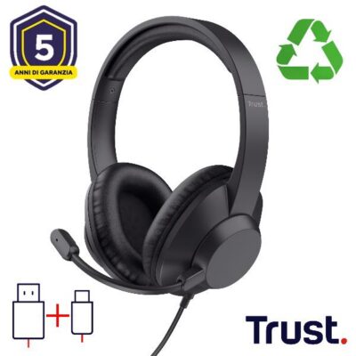 CUFFIE OVER-EAR CABLATE 1,8M USB CON MICROFONO FLIP TO MUTE – 85% PLASTICA RICICLATA – TRUST AYDA MAX USB – NERO