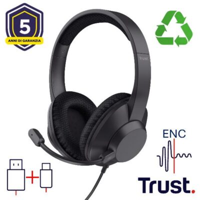 CUFFIE OVER-EAR CABLATE 1,8M USB CON MICROFONO FLIP TO MUTE E RIDUZIONE RUMORE ENC – 85% PLASTICA RICICLATA – TRUST AYDA MAX USB ENC- NERO