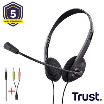 CUFFIE ON-EAR CABLATE 1,8M JACK 3,5 SUPERLEGGERE – TRUST PRIMO – NERO