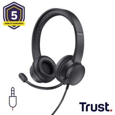 CUFFIE ON-EAR CABLATE 1,8M JACK 3,5MM CON MICROFONO FLIP TO MUTE – TRUST AYDA – NERO
