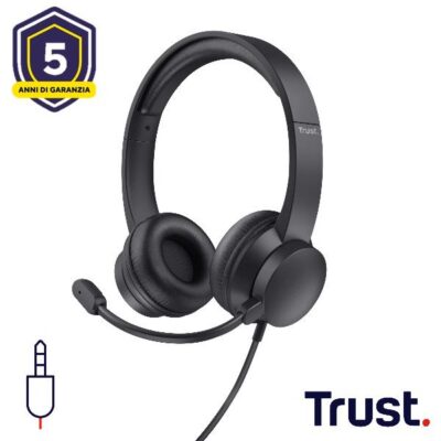 CUFFIE ON-EAR CABLATE 1,8M JACK 3,5MM CON MICROFONO FLIP TO MUTE – TRUST B2B HS-150 – NERO