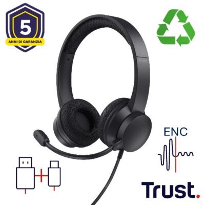 CUFFIE ON-EAR CABLATE 1,8M USB CON MICROFONO FLIP TO MUTE E RIDUZIONE RUMORE ENC – 65% PLASTICA RICICLATA – TRUST AYDA USB ENC- NERO