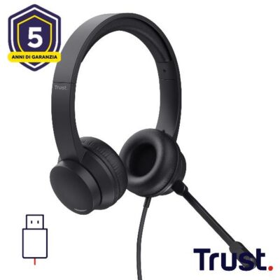 CUFFIE ON-EAR CABLATE 1,8M USB CON MICROFONO FLIP TO MUTE – TRUST B2B HS-201 USB – NERO