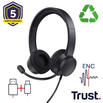 CUFFIE ON-EAR CABLATE 1,8M USB CON MICROFONO FLIP TO MUTE E RIDUZIONE RUMORE ENC – 65% PLASTICA RICICLATA – TRUST B2B HS-260 USB ENC – NERO