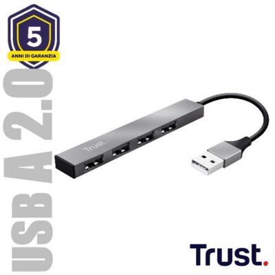 HUB USB A CON 4 PORTE USB-A 2.0 USB-A 2.0 A – TRUST HALYX – ALLUMINIO
