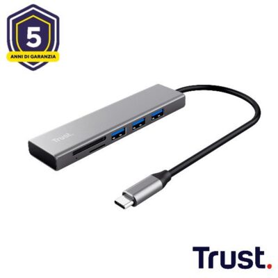 HUB USB C CON CARDREADER E 3P USB-A 3.2 + CARD READER SD E MICRO-SD – TRUST HALYX – ALLUMINIO