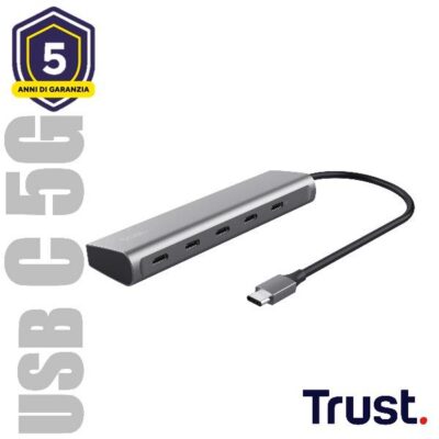 HUB USB C CON 5 PORTE USB-C CON PORTA PASS THROUGH ALIMENTAZIONE – TRUST HALYX – ALLUMINIO