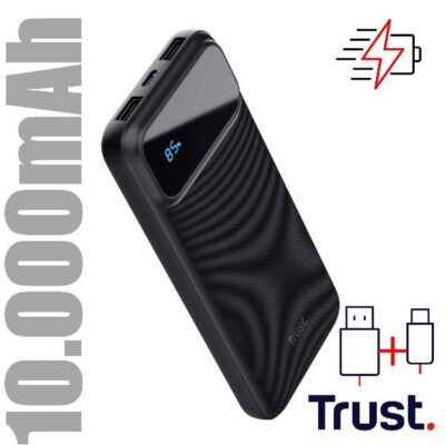 POWER BANK 10.000MAH CARICA VELOCE – 2 USB-A 18W QC 3.0 AUTO DETECT + 1 USB-C 20W PD 3.0 + PPS – TRUST AVALA POWERBANK – NERO