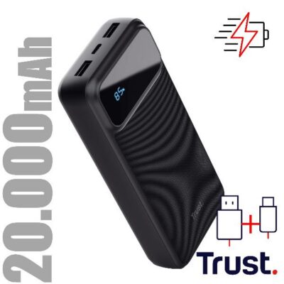POWER BANK 20.000MAH CARICA VELOCE – 2 USB-A 18W QC 3.0 AUTO DETECT + 1 USB-C 20W PD 3.0 + PPS – TRUST AVALA POWERBANK – NERO