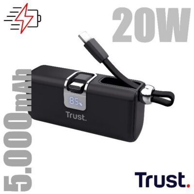 POWERBANK 5.000MAH – TASCABILE – CAVO USB-C PD 20W + 1 USB-C 20W PD 3.0 + PPS + INGRESSO USB-C 18W – TRUST PACTO POWERBANK – NERO