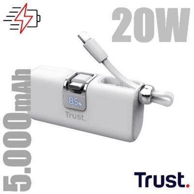 POWERBANK 5.000MAH – TASCABILE – CAVO USB-C PD 20W + 1 USB-C 20W PD 3.0 + PPS + INGRESSO USB-C 18W – TRUST PACTO POWERBANK – BIANCO