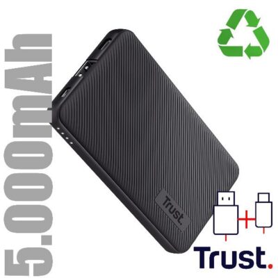 POWER BANK 5.000MAH – 1 USB-A 12W + 1 MICRO-USB + 1USB-C 15W – PLASTICA RICICLATA 50% – TRUST PRIMO POWERBANK – NERO