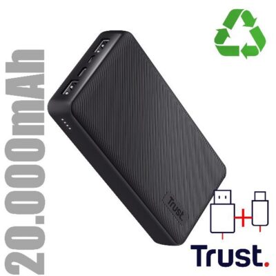 POWER BANK 20.000MAH – 2 USB-A 12W + 1 MICRO-USB + 1USB-C 15W – PLASTICA RICICLATA 50% – TRUST PRIMO POWERBANK – NERO