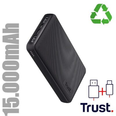 POWER BANK 15.000MAH – 2 USB-A 12W + 1 MICRO-USB + 1USB-C 15W – PLASTICA RICICLATA 50% – TRUST PRIMO POWERBANK – NERO
