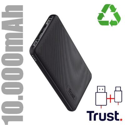 POWER BANK 10.000MAH – 2 USB-A 12W + 1 MICRO-USB + 1USB-C 15W – PLASTICA RICICLATA 50% – TRUST PRIMO POWERBANK – NERO