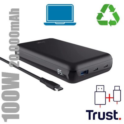 POWER BANK 20.000MAH – 1 USB-C 100W PER LAPTOP/NOTEBOOK – PD 3.0+PPS – 1USB-C 45W 1USB-A QC 3.0 18W – PLASTICA RICICLATA 50% – TRUST LARO POWERBANK – NERO