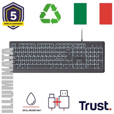 TASTIERA ILLUMINATA CABLATA 180CM RESISTENTE AGLI SVERSAMENTI – PLASTICA RICICLATA 70% – USB A + USB C – TASTI SILENZIOSI – LAYOUT ITALIANO – TRUST PRIMO – NERO