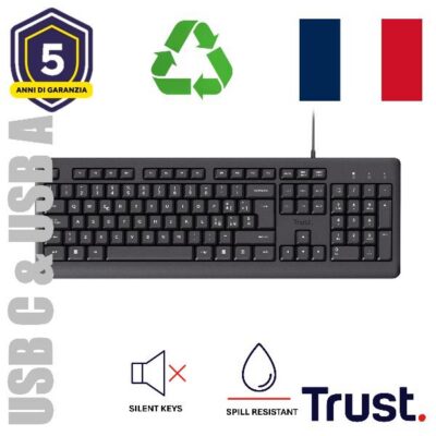 TASTIERA CABLATA 180CM RESISTENTE AGLI SVERSAMENTI – PLASTICA RICICLATA 70% – USB A + USB C – TASTI SILENZIOSI – LAYOUT FRANCESE FR – TRUST PRIMO – NERO