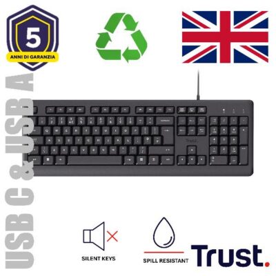 TASTIERA CABLATA 180CM RESISTENTE AGLI SVERSAMENTI – PLASTICA RICICLATA 70% – USB A + USB C – TASTI SILENZIOSI – LAYOUT INGLESE UK – TRUST TK-150 – NERO