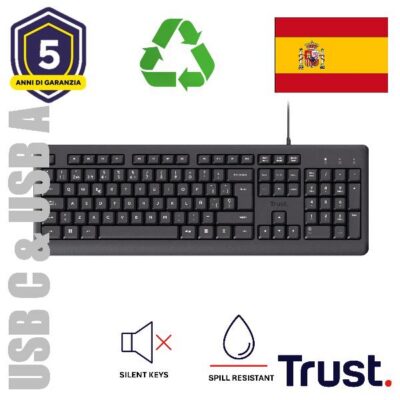 TASTIERA CABLATA 180CM RESISTENTE AGLI SVERSAMENTI – PLASTICA RICICLATA 70% – USB A + USB C – TASTI SILENZIOSI – LAYOUT SPAGNOLO ES – TRUST PRIMO – NERO