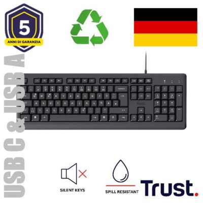 TASTIERA CABLATA 180CM RESISTENTE AGLI SVERSAMENTI – PLASTICA RICICLATA 70% – USB A + USB C – TASTI SILENZIOSI – LAYOUT TEDESCO DE – TRUST PRIMO – NERO