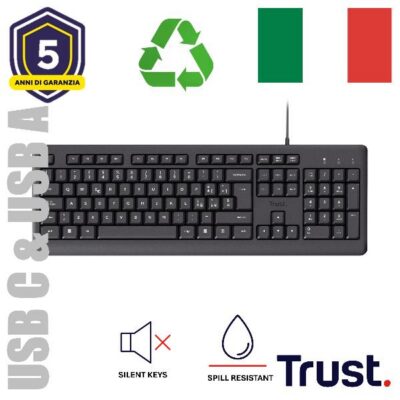 TASTIERA CABLATA 180CM RESISTENTE AGLI SVERSAMENTI – PLASTICA RICICLATA 70% – USB A + USB C – TASTI SILENZIOSI – LAYOUT ITALIANO – TRUST PRIMO – NERO
