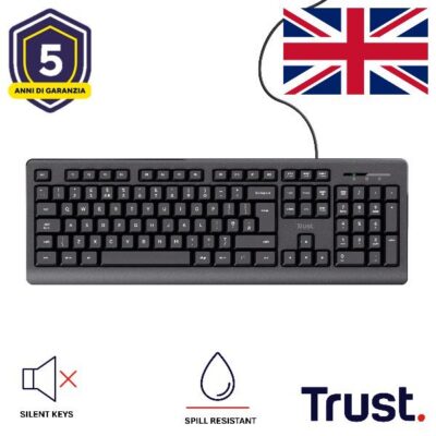 TASTIERA CABLATA 180CM RESISTENTE AGLI SVERSAMENTI – TASTI SILENZIOSI – LAYOUT INGLESE/UK – TRUST PRIMO – NERO