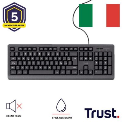 TASTIERA CABLATA 180CM RESISTENTE AGLI SVERSAMENTI – TASTI SILENZIOSI – LAYOUT ITALIANO – TRUST B2B TK-150 – NERO