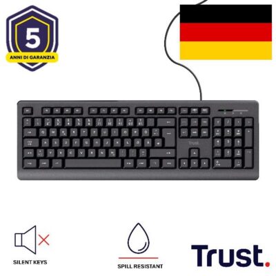TASTIERA CABLATA 180CM RESISTENTE AGLI SVERSAMENTI – PLASTICA RICICLATA 70% – TASTI SILENZIOSI – LAYOUT TEDESCO DE (QUERTZ) – TRUST PRIMO – NERO