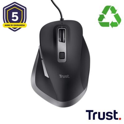 MOUSE CABLATO 150CM – 5000 DPI – PLASTICA RICICLATA 52% – TRUST FYDA – NERO