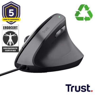 MOUSE ERGONOMICO VERTICALE CABLATO CERTIFICATO ERGOCERT – PLASTICA RICICLATA 60% – TRUST BAYO II NERO