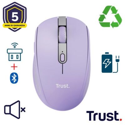 MOUSE WIRELESS RICARICABILE MULTICONNECT BT + WL 2,4GHZ SILENZIOSO – PLASTICA RICICLATA 60% – TRUST OZAA – VIOLA