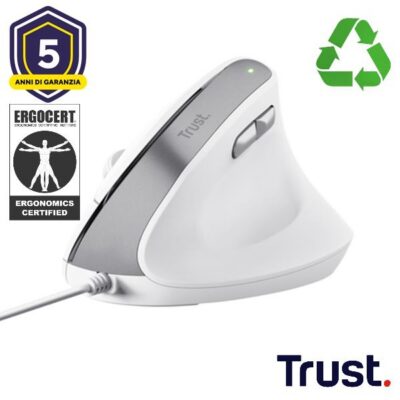 MOUSE ERGONOMICO VERTICALE CABLATO CERTIFICATO ERGOCERT – PLASTICA RICICLATA 50% – TRUST BAYO II BIANCO