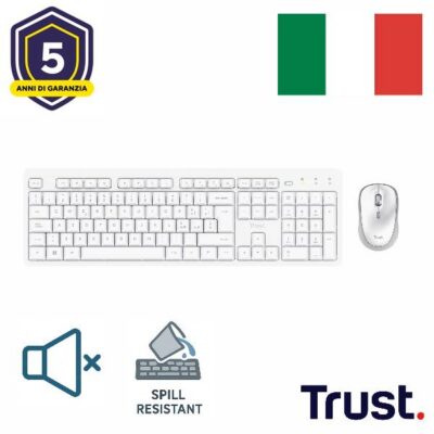 KIT DESK SET TASTIERA E MOUSE WIRELESS SILENZIOSI RESISTENTE AGLI SVERSAMENTI – LAYOUT ITALIANO – TRUST ODI II BIANCO