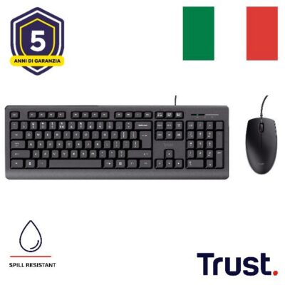 KIT DESK SET TASTIERA E MOUSE CABLATI RESISTENTI AGLI SVERSAMENTI- LAYOUT ITALIANO – TRUST PRIMO – NERO